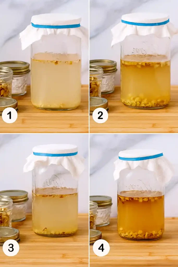 Four photo collage showing ginger bug preparation from start to cover