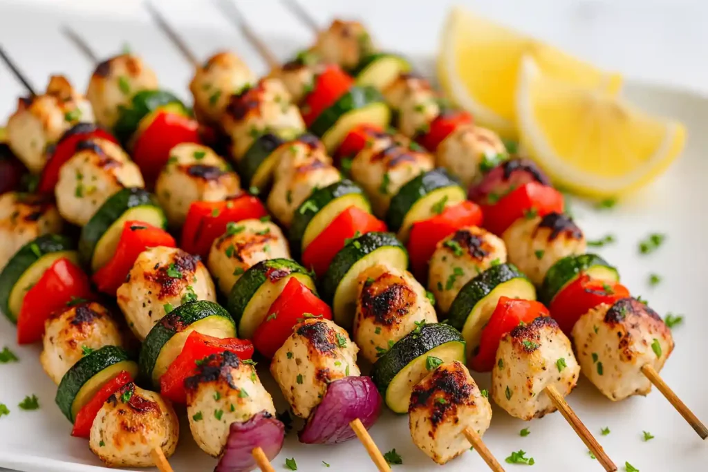 Grilled Greek chicken kebabs dipped in tzatziki sauce with lemon wedges on a wooden table