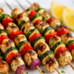 Grilled Greek chicken kebabs dipped in tzatziki sauce with lemon wedges on a wooden table