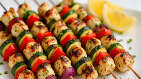 Grilled Greek chicken kebabs dipped in tzatziki sauce with lemon wedges on a wooden table