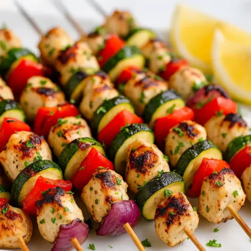 Grilled Greek chicken kebabs dipped in tzatziki sauce with lemon wedges on a wooden table