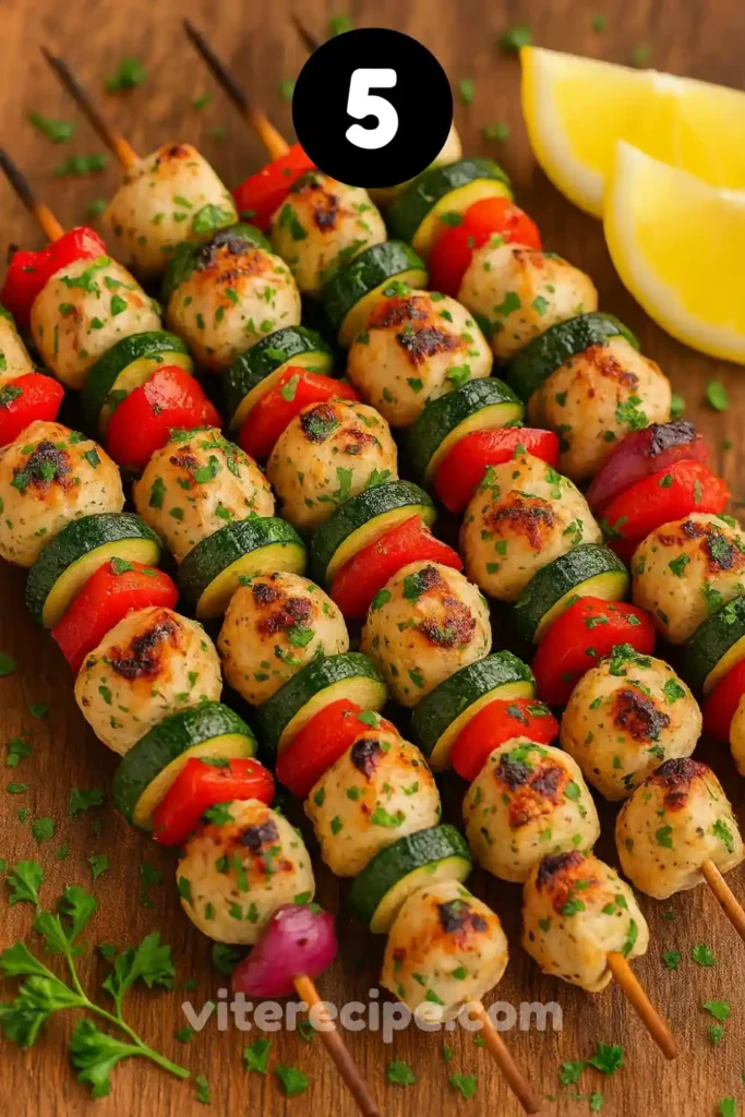 Grilled Greek chicken kebabs dipped in tzatziki sauce with lemon wedges on a wooden table