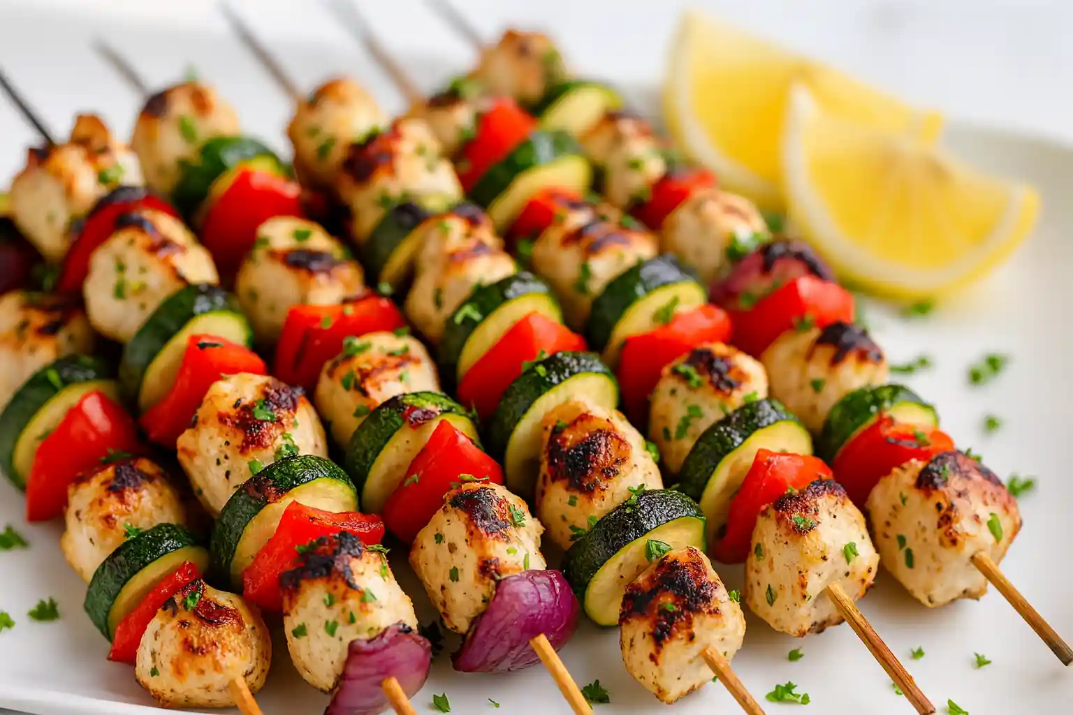 Grilled Greek chicken kebabs dipped in tzatziki sauce with lemon wedges on a wooden table