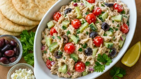 Greek chicken salad with tomatoes, cucumber, olives and feta in a white bowl, lemon wedge and fresh herbs on a wooden board.