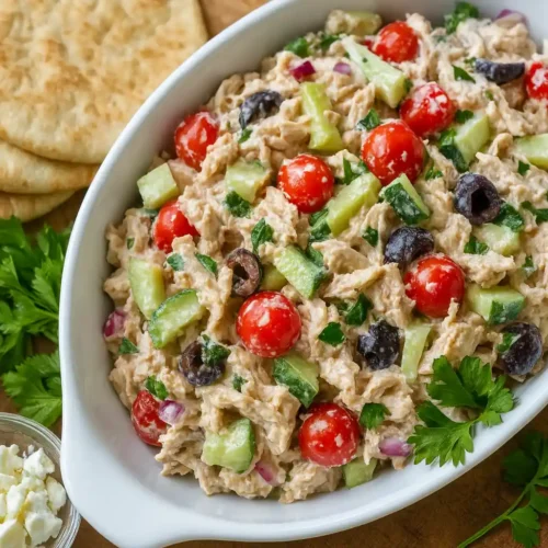Greek chicken salad with tomatoes, cucumber, olives and feta in a white bowl, lemon wedge and fresh herbs on a wooden board.