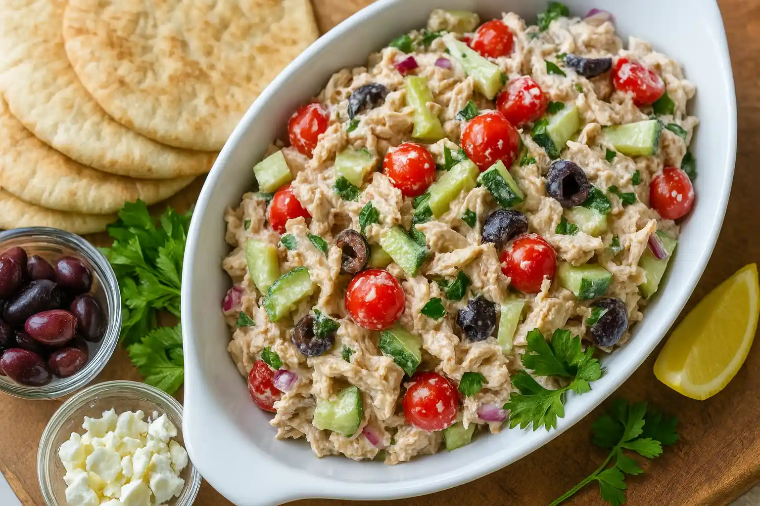 Greek chicken salad with tomatoes, cucumber, olives and feta in a white bowl, lemon wedge and fresh herbs on a wooden board.Summer Recipes