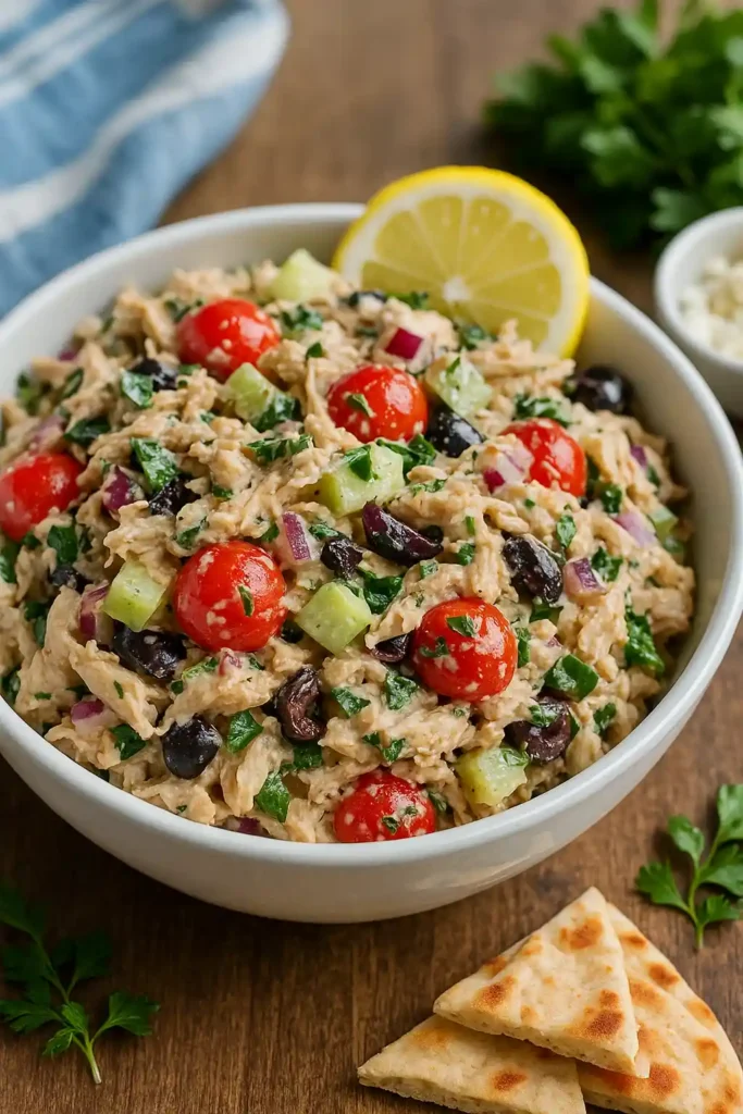 Bowl of Greek chicken salad garnished with lemon and served with pita on a wooden board.