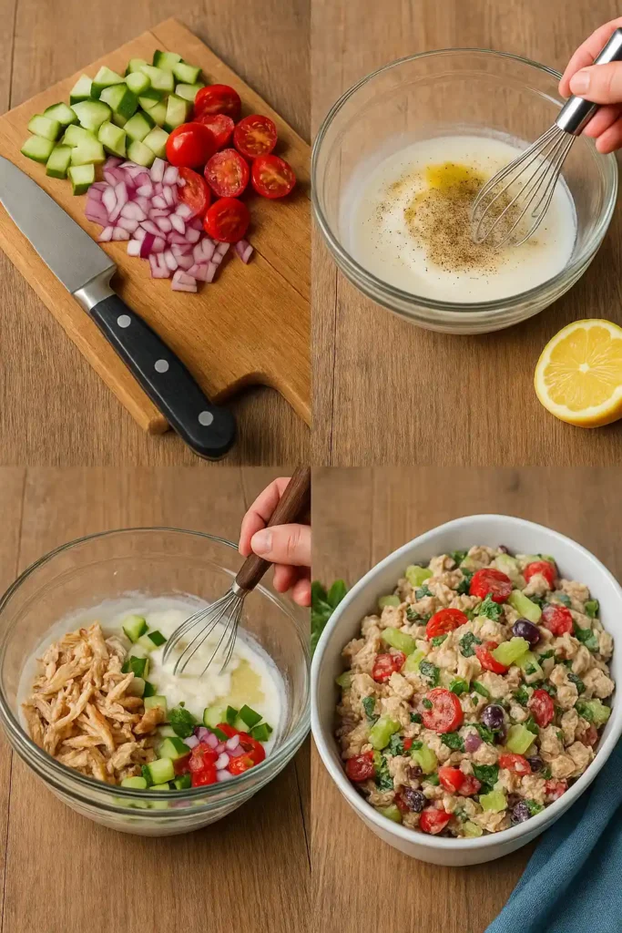 Four-panel collage showing chopping vegetables, whisking dressing, mixing ingredients, and the finished Greek chicken salad.