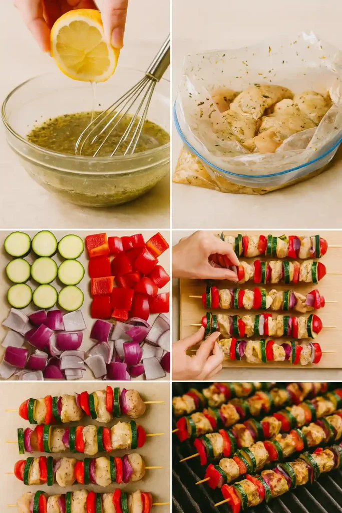 Step-by-step collage of Greek kebab preparation