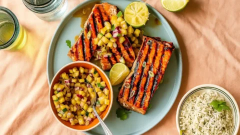 Grilled Salmon with Pineapple Salsa and cilantro-lime rice on a white plate