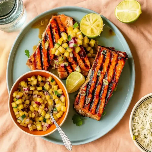 Grilled Salmon with Pineapple Salsa and cilantro-lime rice on a white plate