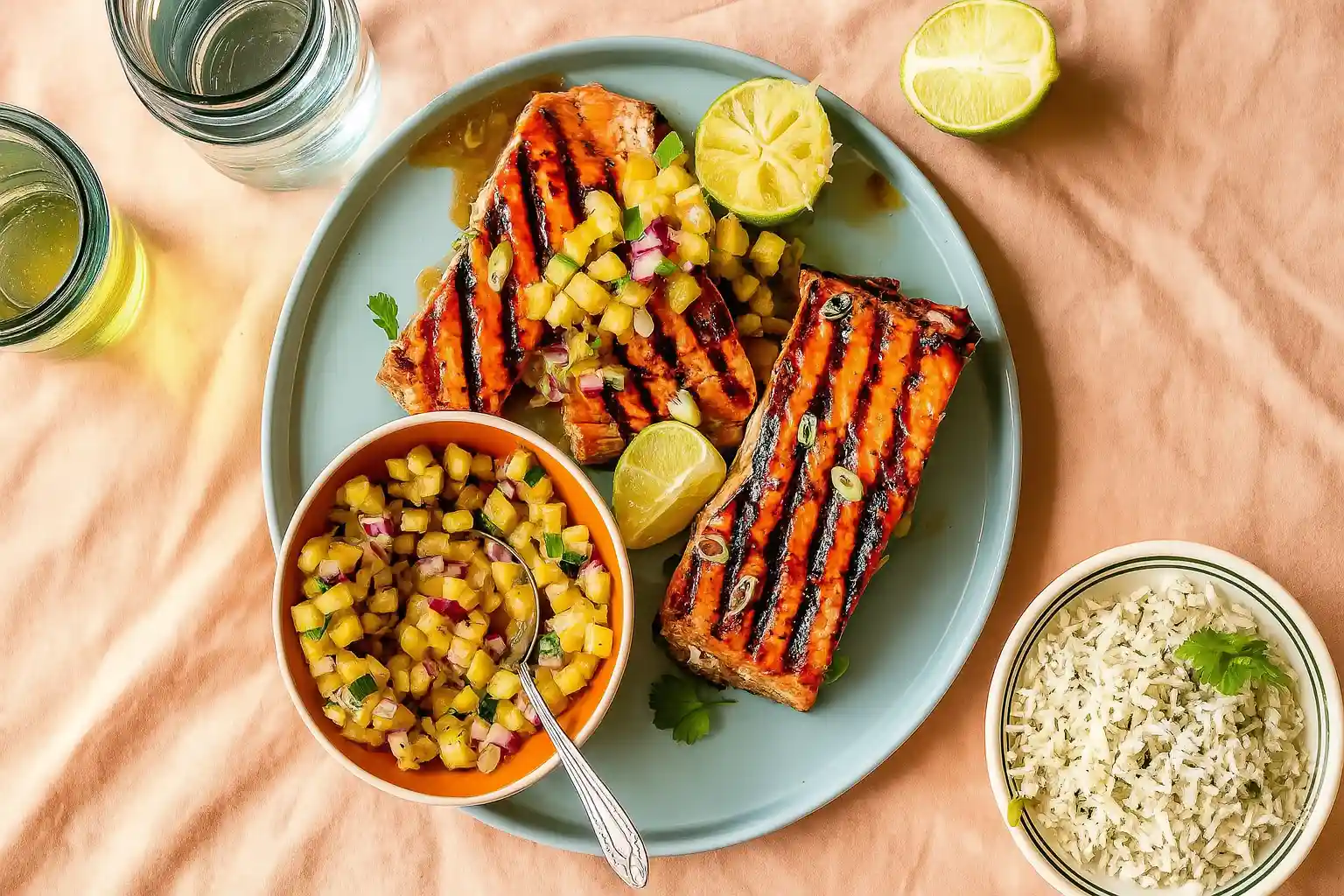 Grilled Salmon with Pineapple Salsa and cilantro-lime rice on a white plate