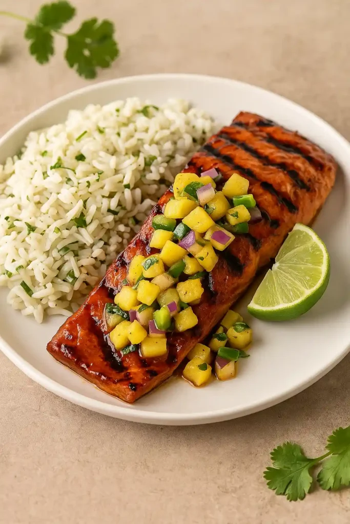 Salmon served with salsa next to leftover containers and a pan for reheating