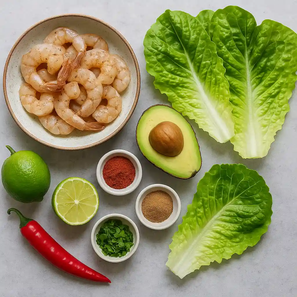 Flat-lay of all ingredients for shrimp lettuce cups.