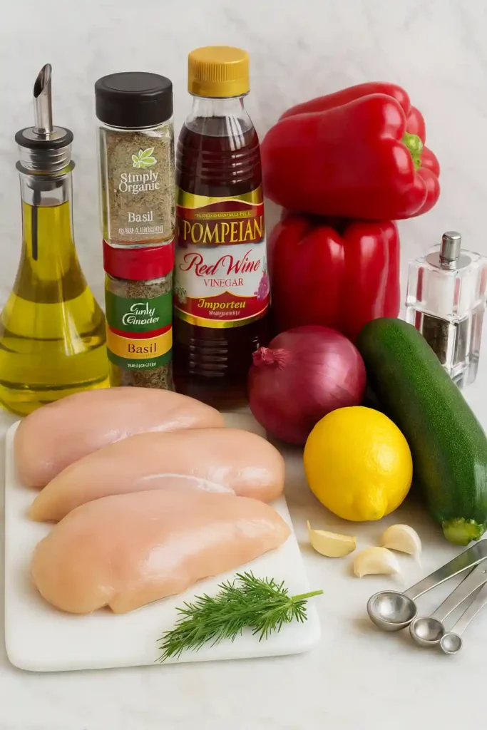 Flat-lay of Greek kebab ingredients on marble