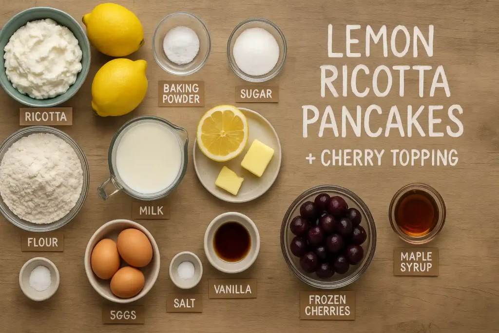Top view of measured ingredients for lemon ricotta pancakes.