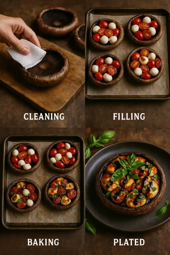 Collage showing cleaning, gill removal, butter brushing, and seasoning of portobello mushrooms.