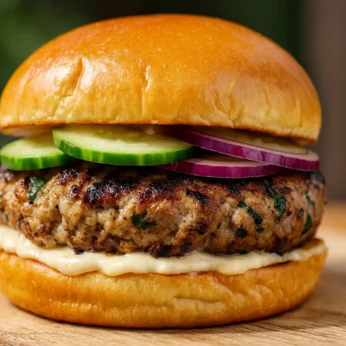Spinach and feta turkey burger on a brioche bun with cucumber and red onion