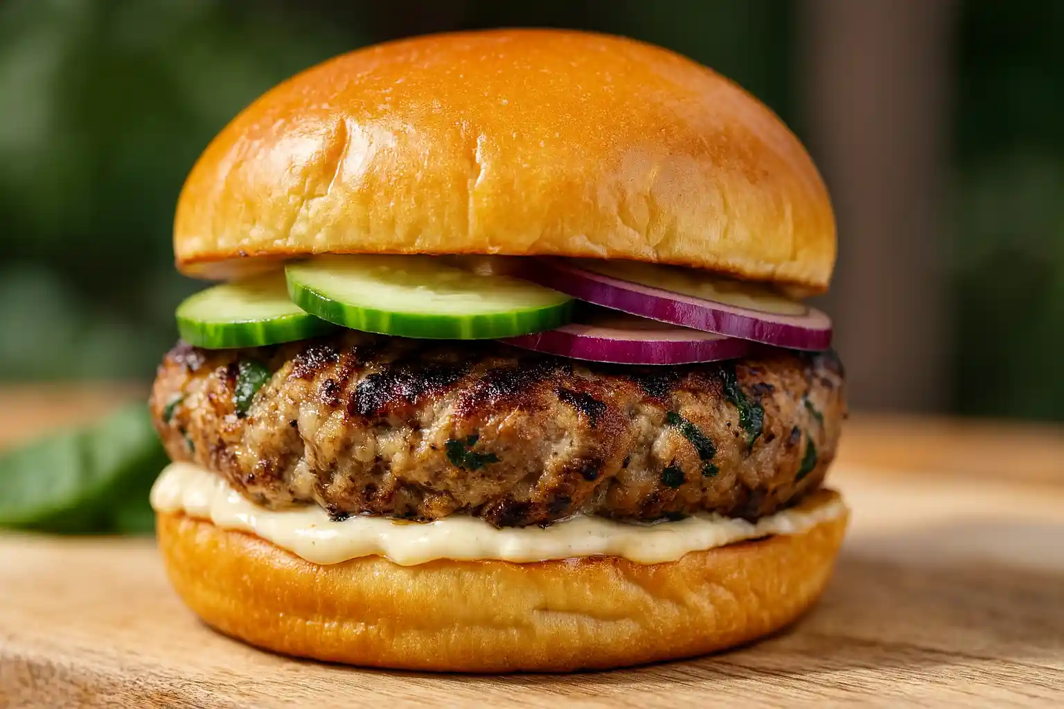 Spinach and feta turkey burger on a brioche bun with cucumber and red onion