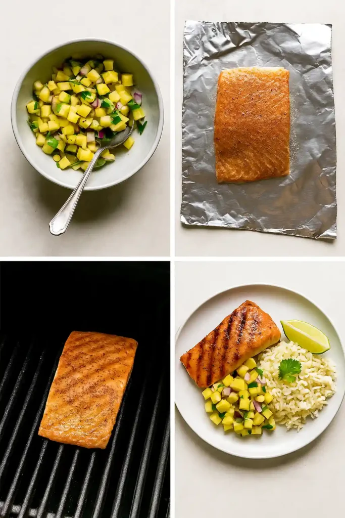 Four steps showing salsa prep, salmon seasoning, grilling, and plating
