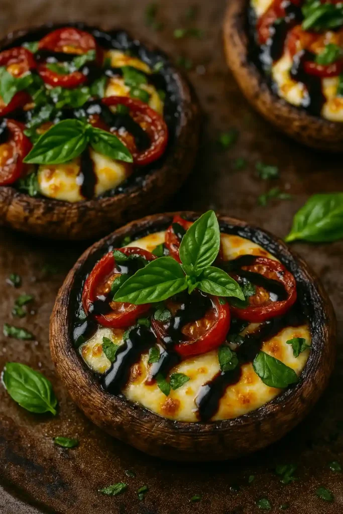 Side-by-side view of Caprese portobellos baked in an oven and grilled on charcoal.