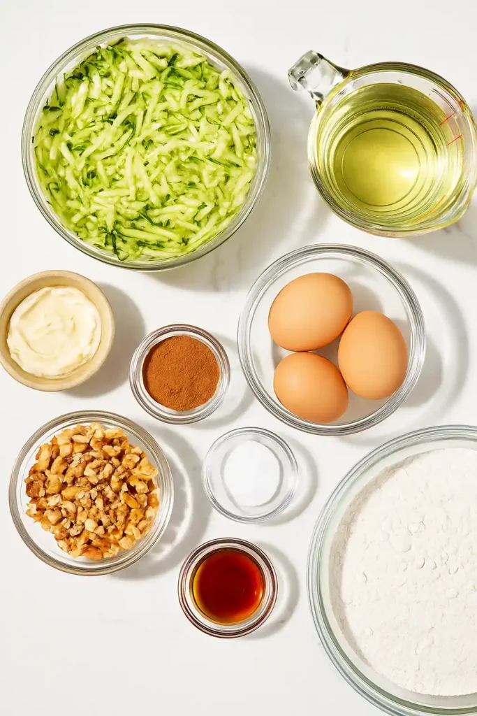 Ingredients for zucchini bread displayed in bowls on a marble surface.