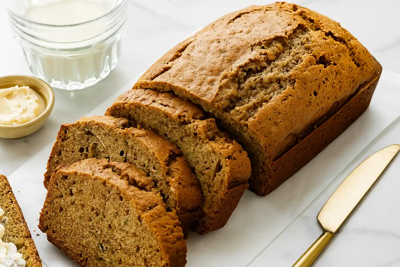 Freshly baked zucchini bread loaf sliced on a marble counter with butter and milk.