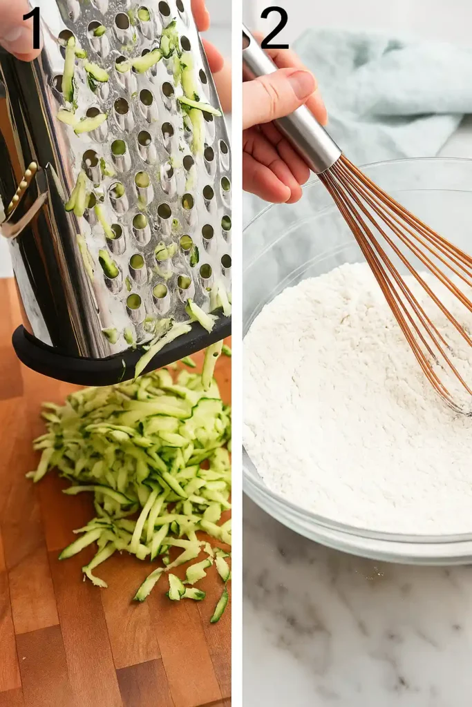 Step-by-step process of making zucchini bread batter and filling loaf pans.