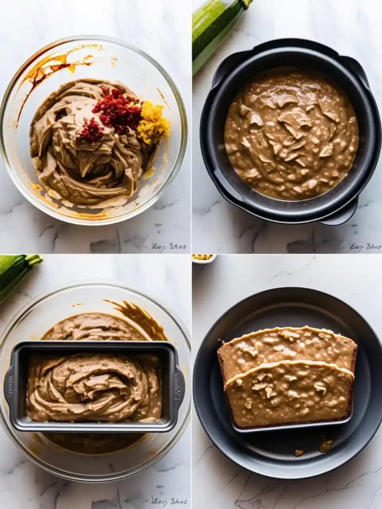 Step-by-step process of making zucchini bread batter and filling loaf pans.