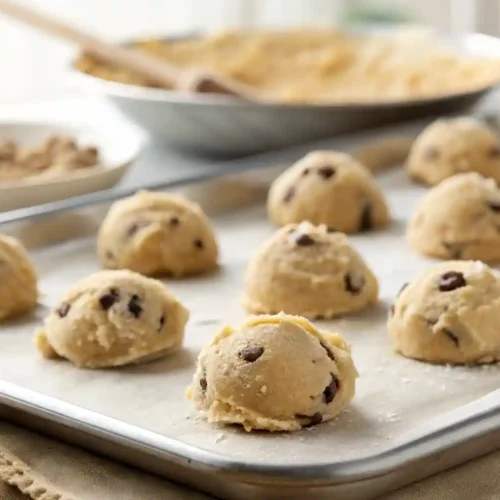 Frozen balls of chocolate chip cookie dough on a baking sheet being transferred to a freezer bag for storage.