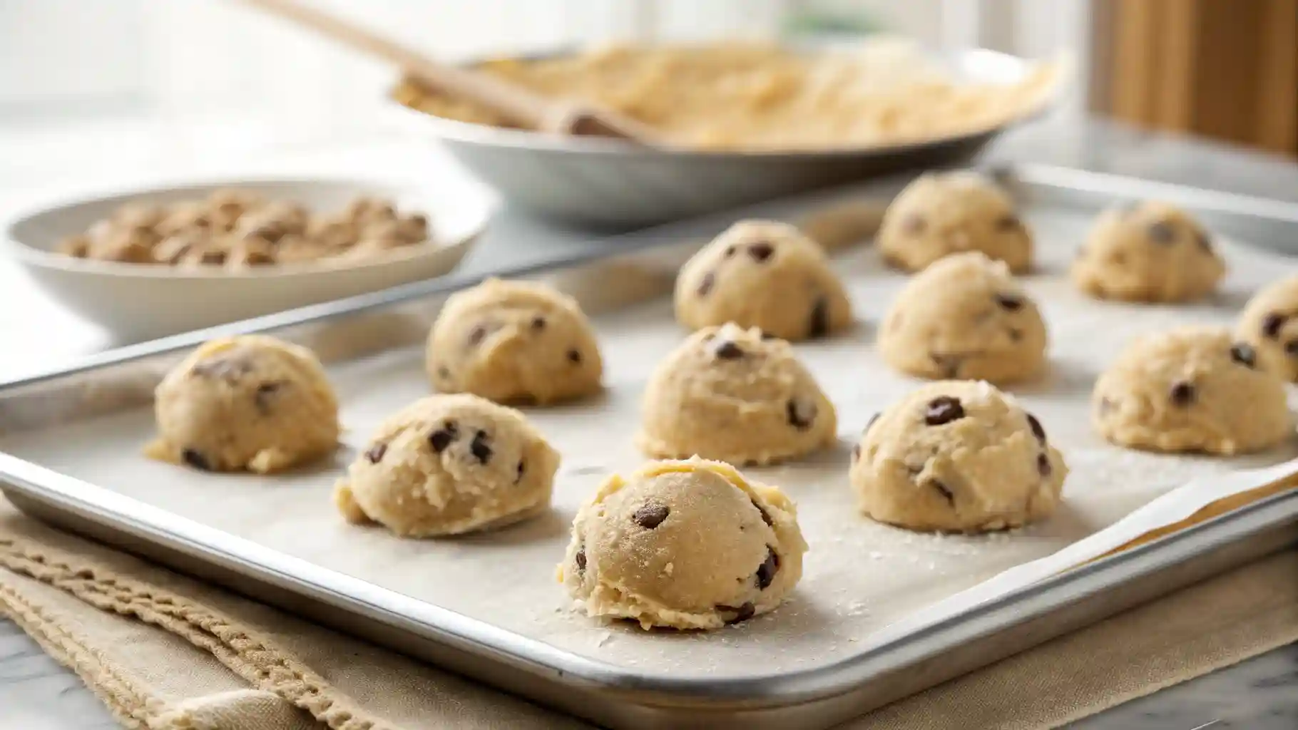 Frozen balls of chocolate chip cookie dough on a baking sheet being transferred to a freezer bag for storage.