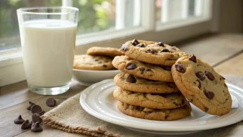 A stack of warm, chewy chocolate chip cookies with one broken in half to show the gooey melted chocolate inside, next to a glass of milk.Back to School Cookies Recipes Kids