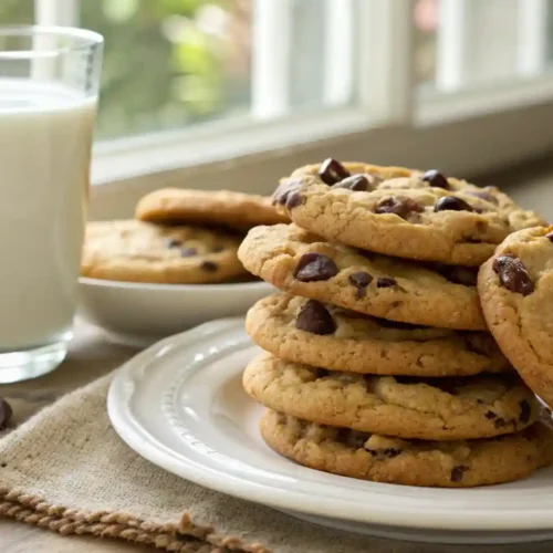 A stack of warm, chewy chocolate chip cookies with one broken in half to show the gooey melted chocolate inside, next to a glass of milk.Back to School Cookies Recipes Kids
