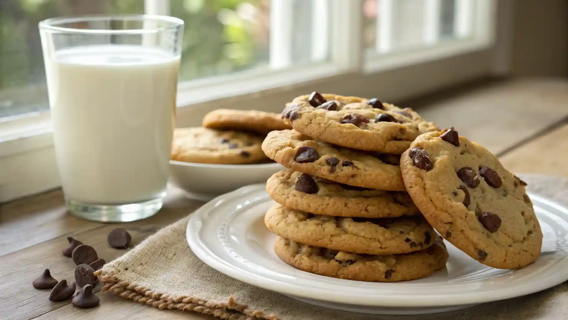 A stack of warm, chewy chocolate chip cookies with one broken in half to show the gooey melted chocolate inside, next to a glass of milk.Back to School Cookies Recipes Kids