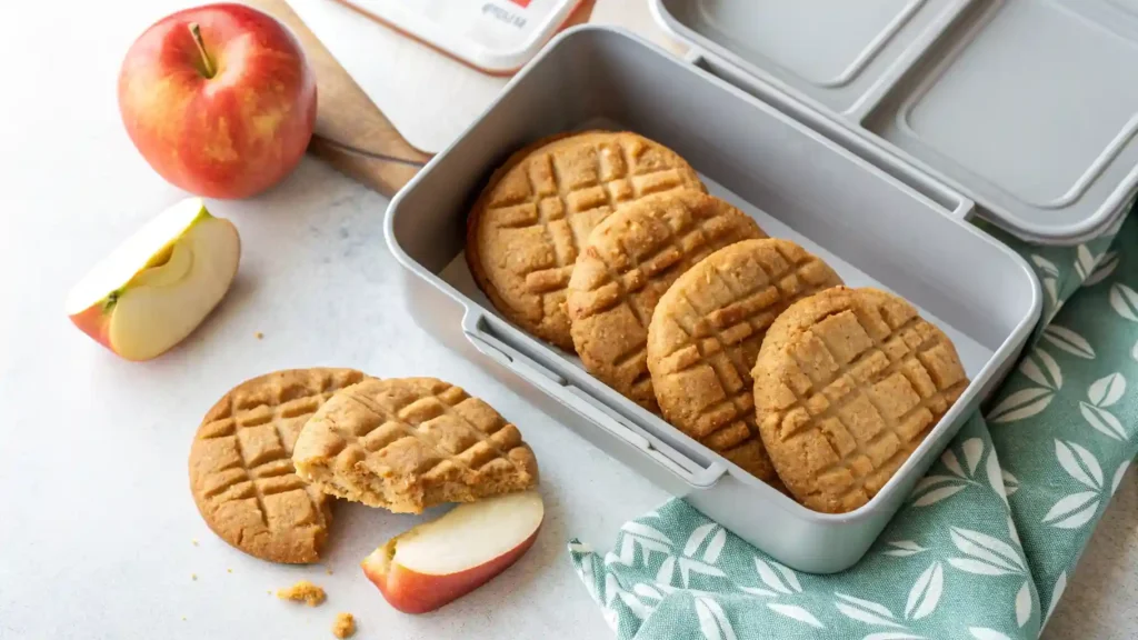 Chewy peanut butter cookies with a fork pattern being placed into a school lunchbox with a red apple.Best Back to School Cookies