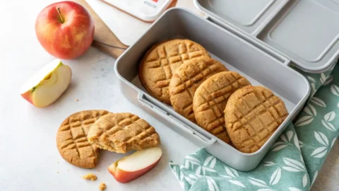 Chewy peanut butter cookies with a fork pattern being placed into a school lunchbox with a red apple.Best Back to School Cookies