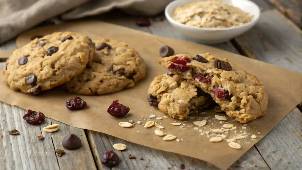 An overhead view of chunky oatmeal kitchen sink cookies loaded with chocolate chips, oats, and dried fruit on a dark background.