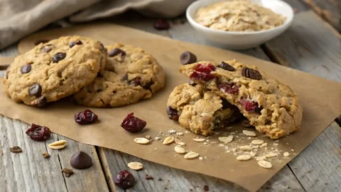 An overhead view of chunky oatmeal kitchen sink cookies loaded with chocolate chips, oats, and dried fruit on a dark background.