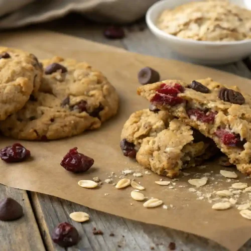 An overhead view of chunky oatmeal kitchen sink cookies loaded with chocolate chips, oats, and dried fruit on a dark background.