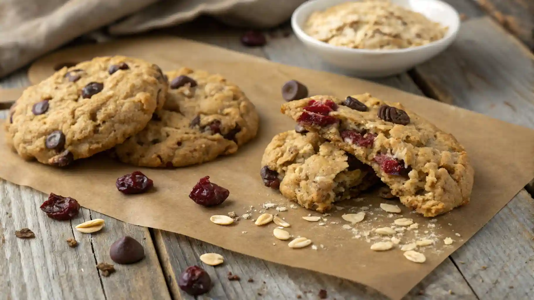 An overhead view of chunky oatmeal kitchen sink cookies loaded with chocolate chips, oats, and dried fruit on a dark background.