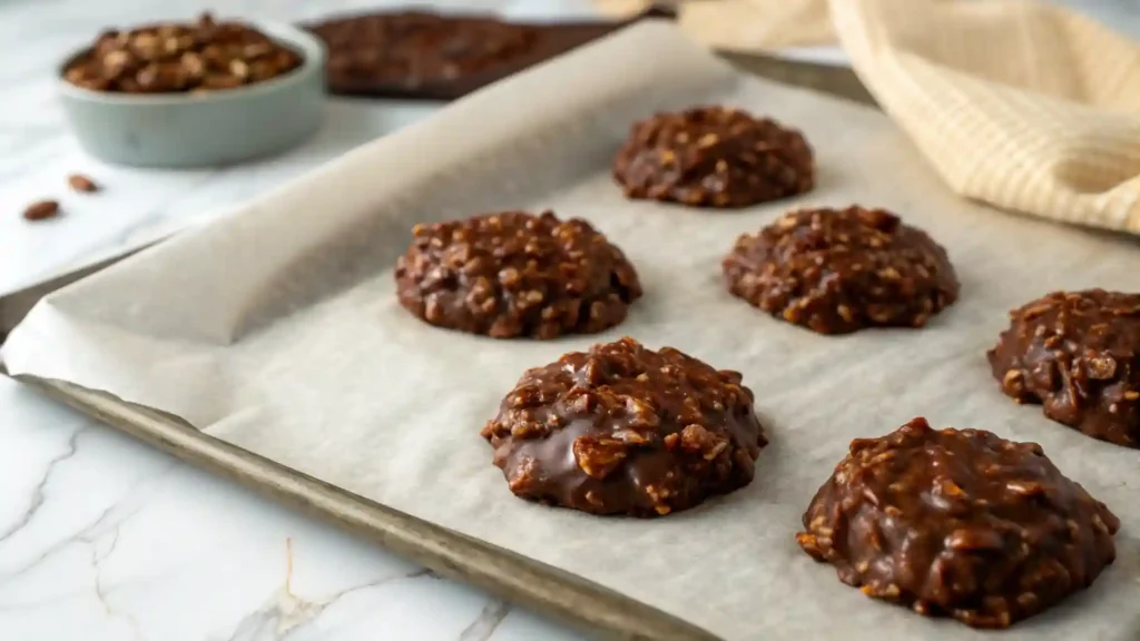 Fudgy no-bake chocolate peanut butter oatmeal cookies cooling on a piece of wax paper.