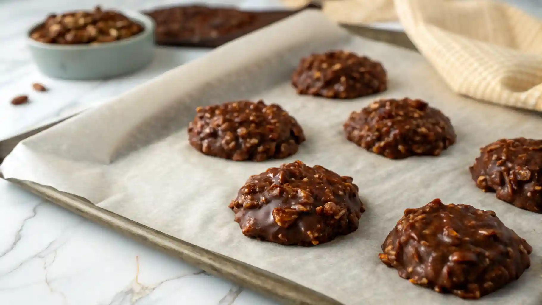 Fudgy No-Bake Chocolate Peanut Butter Cookies cooling on a piece of wax paper.