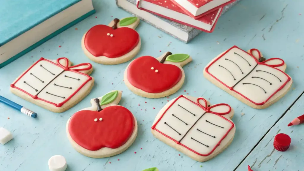 Soft sugar cookies decorated with simple icing to look like apples, pencils, and books for back to school.