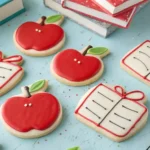 Soft Cut-Out Sugar Cookies decorated with simple icing to look like apples, pencils, and books for back to school.