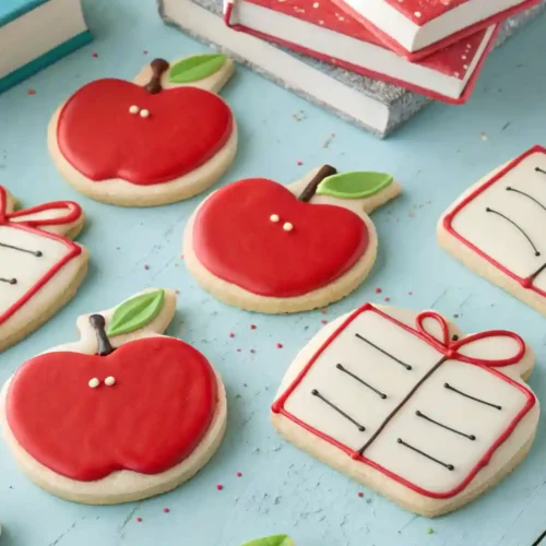 Soft Cut-Out Sugar Cookies decorated with simple icing to look like apples, pencils, and books for back to school.