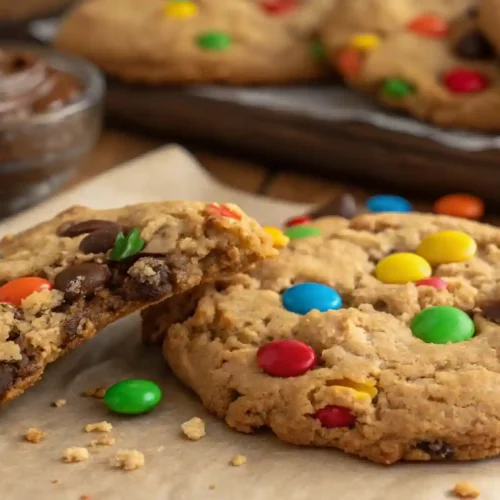 A giant, chewy monster cookie packed with colorful M&Ms and chocolate chips on a cooling rack.