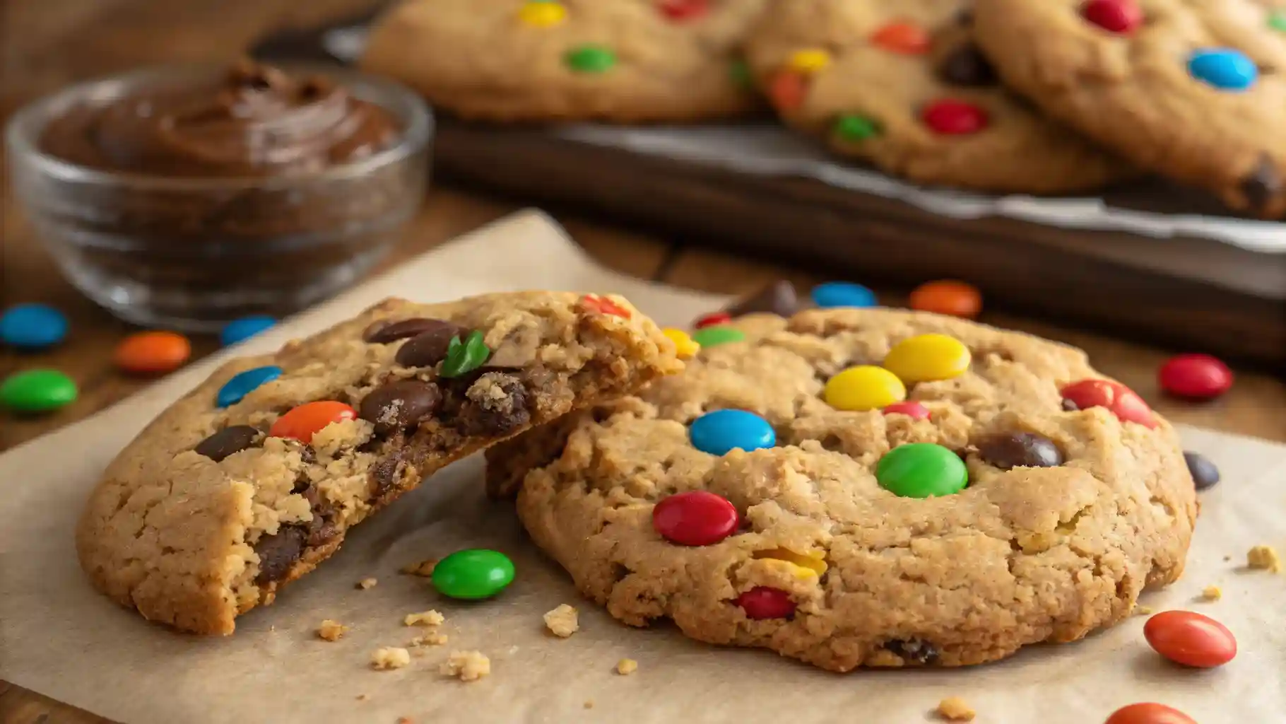 A giant, chewy monster cookie packed with colorful M&Ms and chocolate chips on a cooling rack.