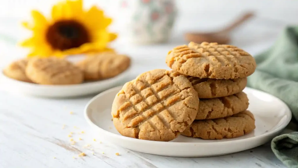 A plate of nut-free Sunbutter cookies with a crisscross pattern, safe for school lunches.