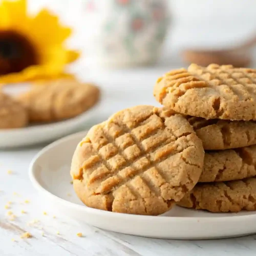A plate of Nut-Free Sunbutter Cookies (Safe for School & Delicious) with a crisscross pattern, safe for school lunches.