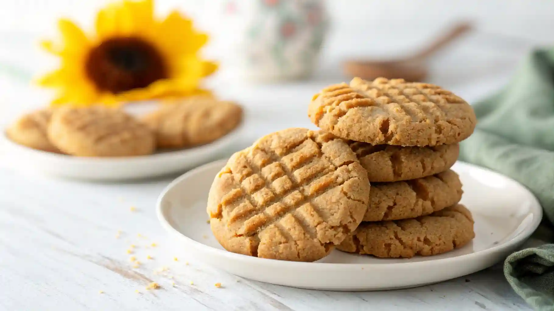 A plate of Nut-Free Sunbutter Cookies (Safe for School & Delicious) with a crisscross pattern, safe for school lunches.